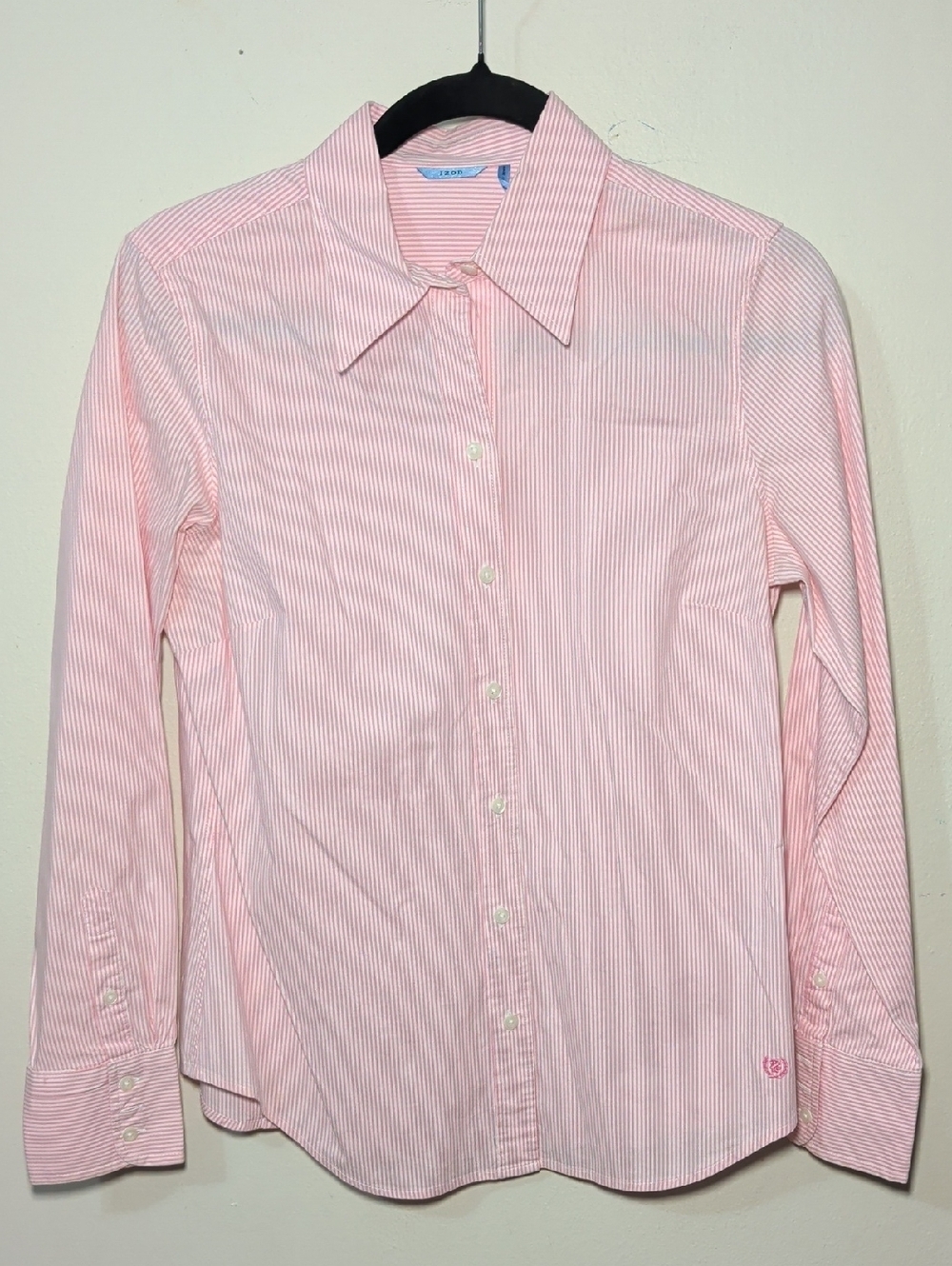 Izod Pink & White Striped Button-Up Shirt Cotton Preppy Stretch Women's Size M
